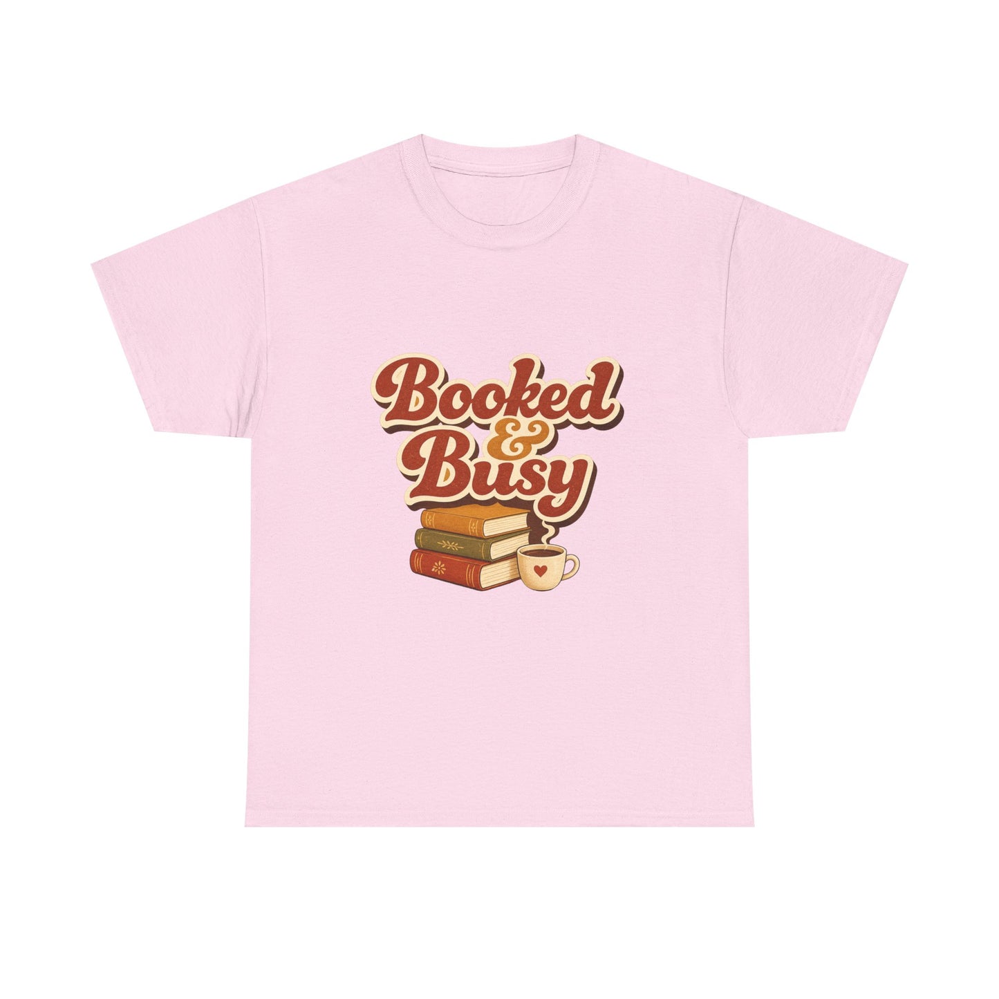 Booked & Busy T-Shirt — Cozy Book Lover Tee with Coffee Stack