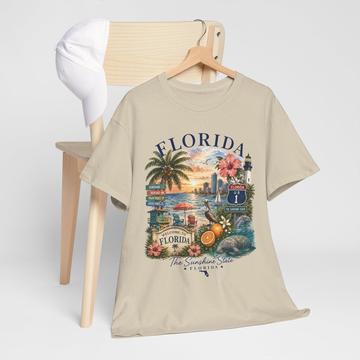 Florida Vintage Travel T-Shirt — Retro Beach Sunset, Lighthouse & Oranges Tee