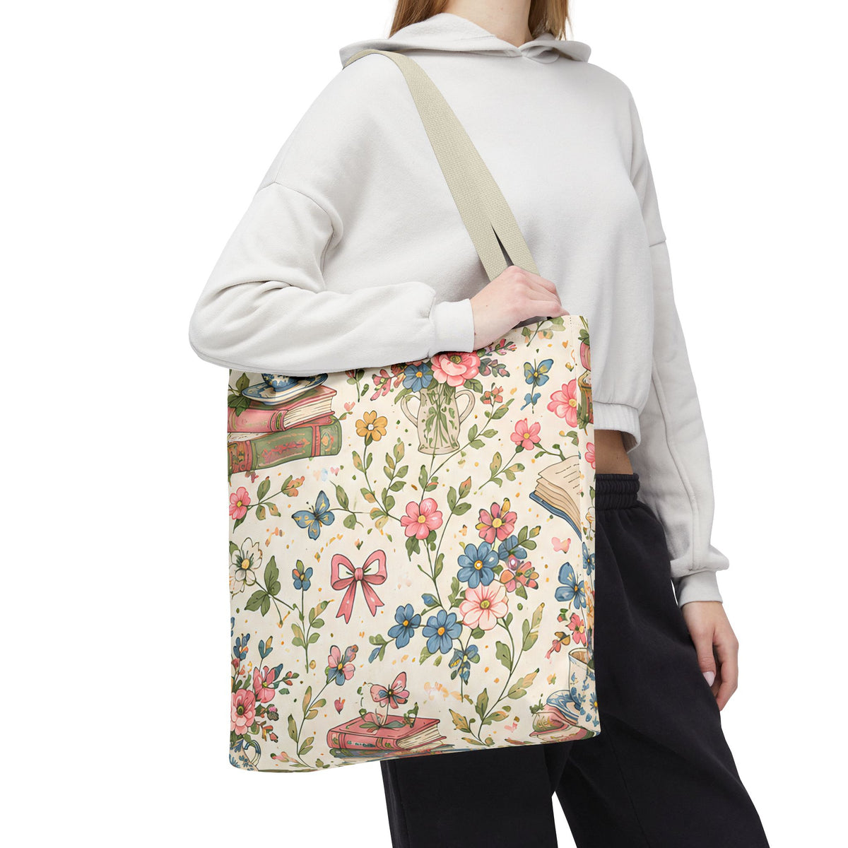 Bookish Blooms Floral Books Tote Bag — Vintage Garden Print AOP