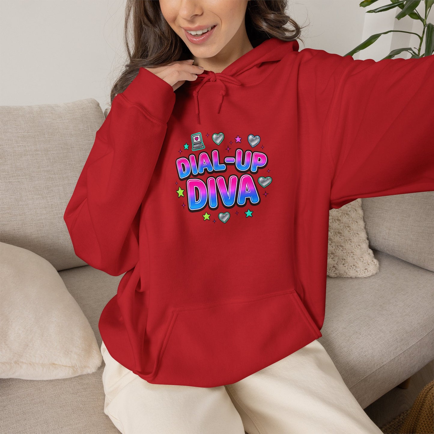 Dial-Up Diva Hoodie Y2K slogan, hot pink bubble text, cyber nostalgia