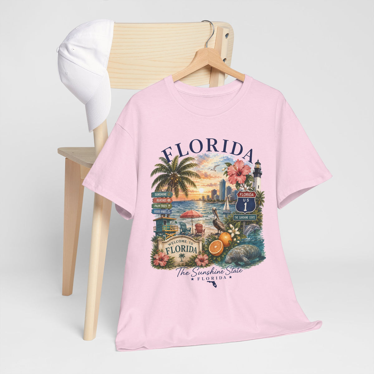 Florida Vintage Travel T-Shirt — Retro Beach Sunset, Lighthouse & Oranges Tee