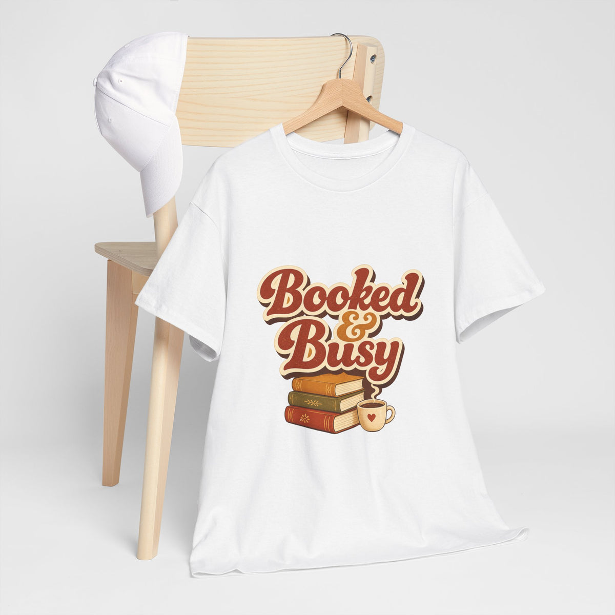 Booked & Busy T-Shirt — Cozy Book Lover Tee with Coffee Stack