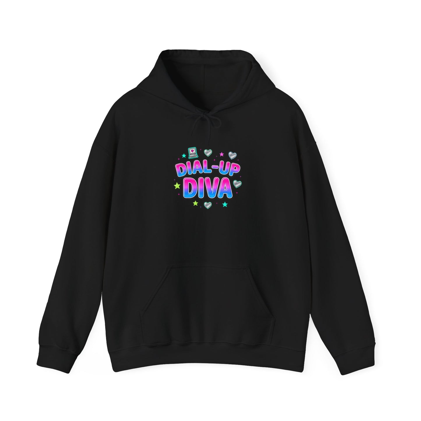 Dial-Up Diva Hoodie Y2K slogan, hot pink bubble text, cyber nostalgia