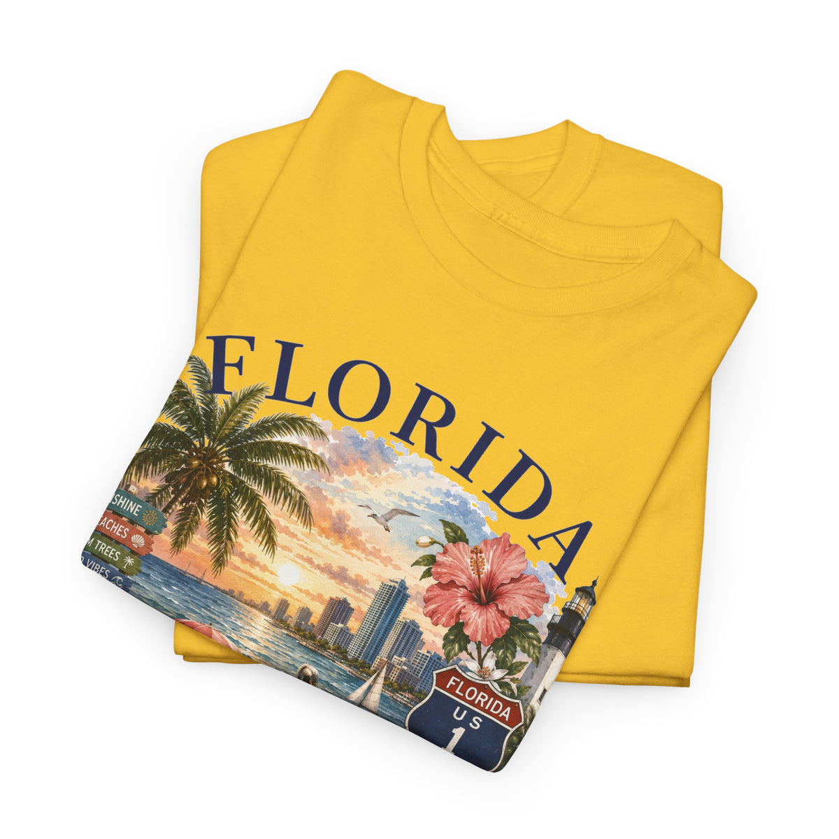 Florida Vintage Travel T-Shirt — Retro Beach Sunset, Lighthouse & Oranges Tee