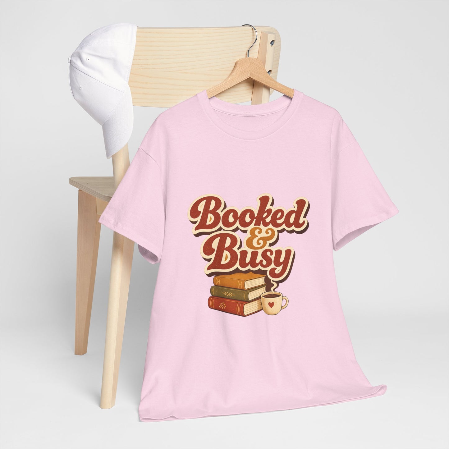 Booked & Busy T-Shirt — Cozy Book Lover Tee with Coffee Stack