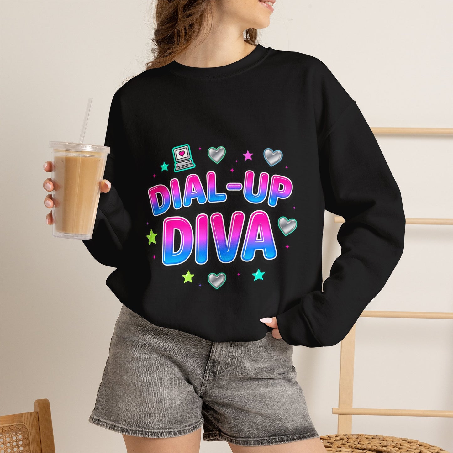 Dial-Up Diva Sweatshirt Y2K slogan, hot pink cyber nostalgia