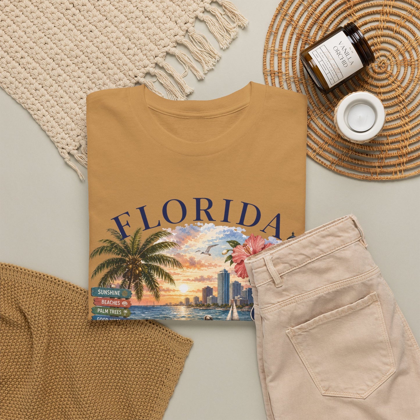 Florida Vintage Travel T-Shirt — Retro Beach Sunset, Lighthouse & Oranges Tee
