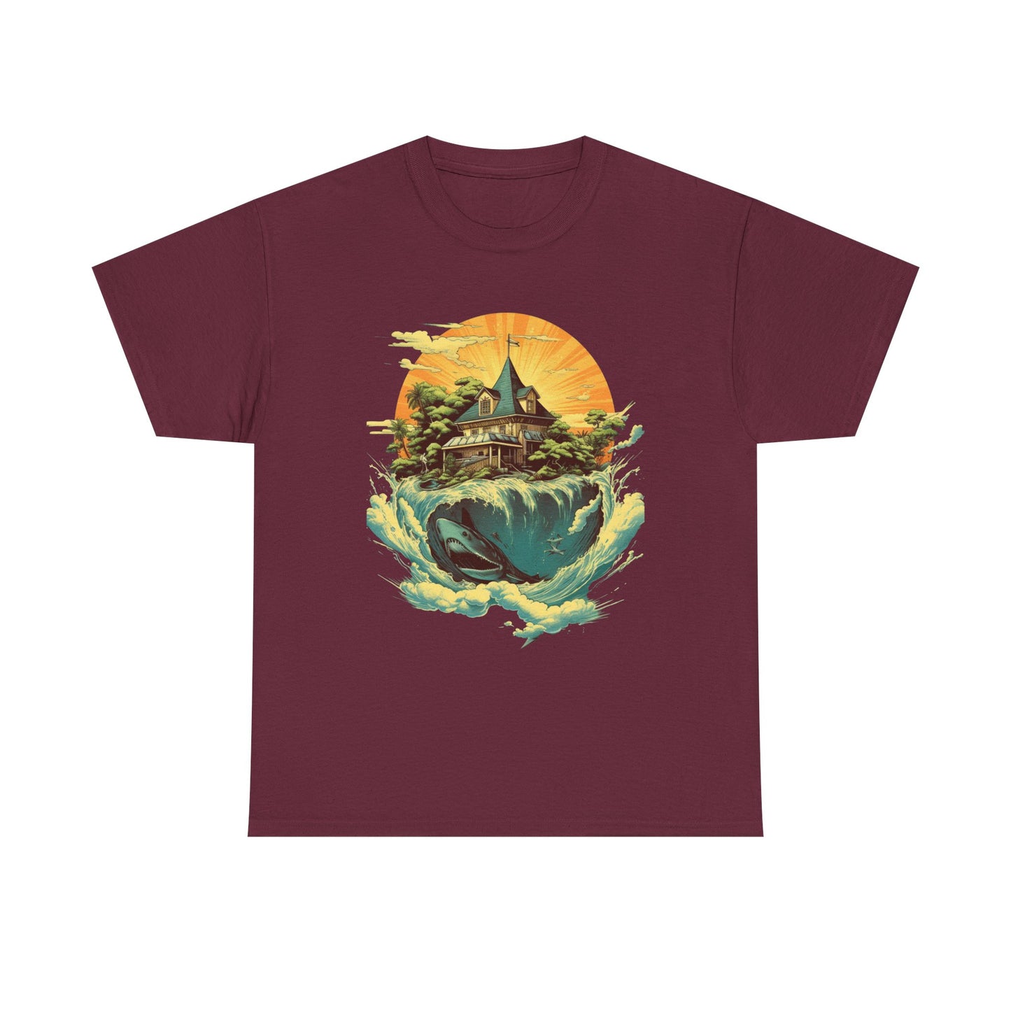 Scenic Whale & Cottage T-Shirt — Vintage Sunset Ocean Graphic Tee