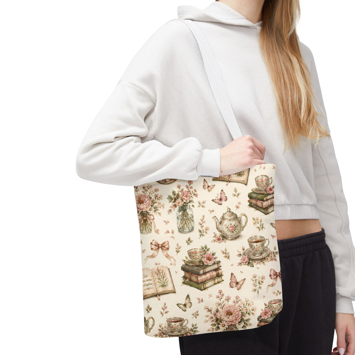 Tea & Pages Floral Books Tote Bag — Vintage Garden Print AOP