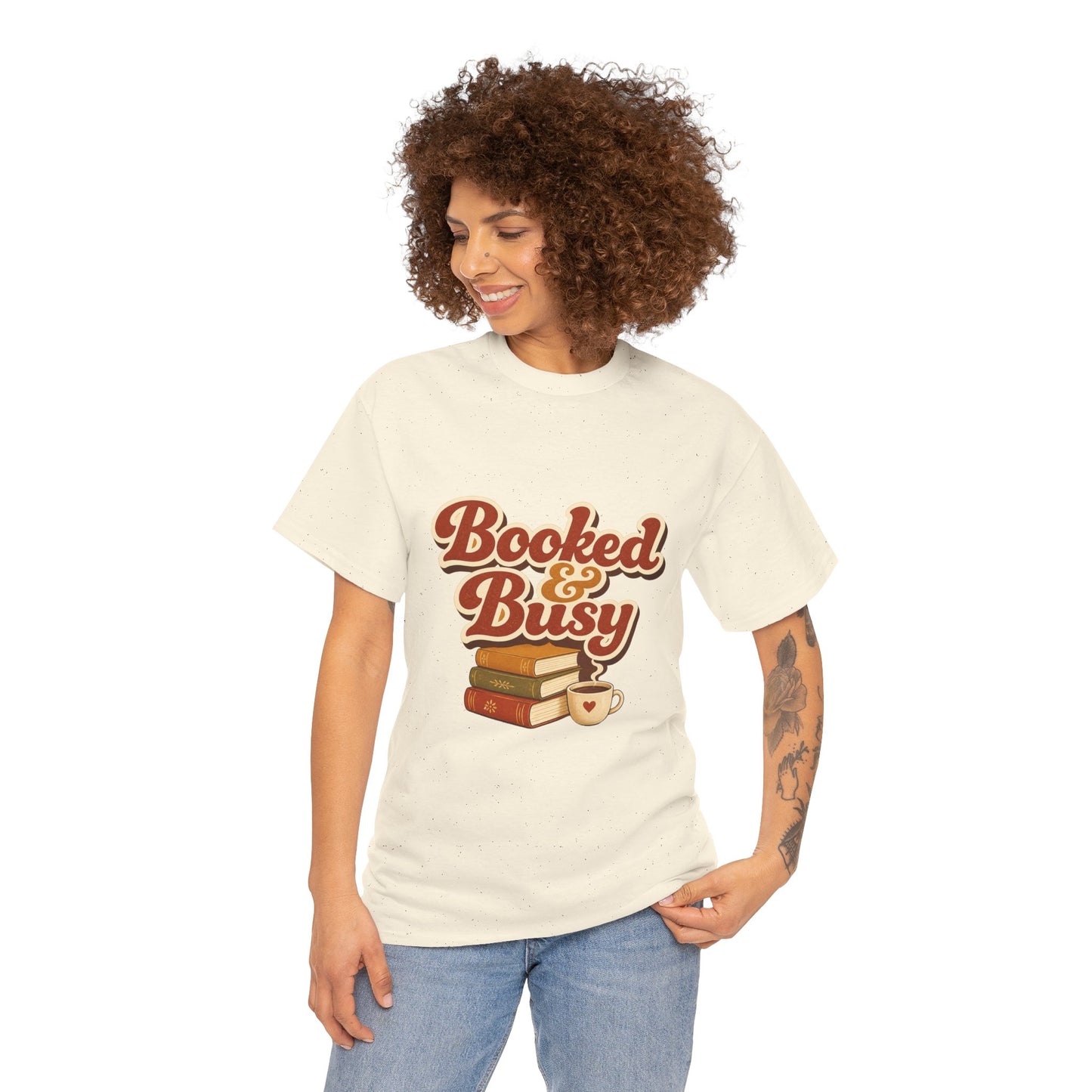 Booked & Busy T-Shirt — Cozy Book Lover Tee with Coffee Stack