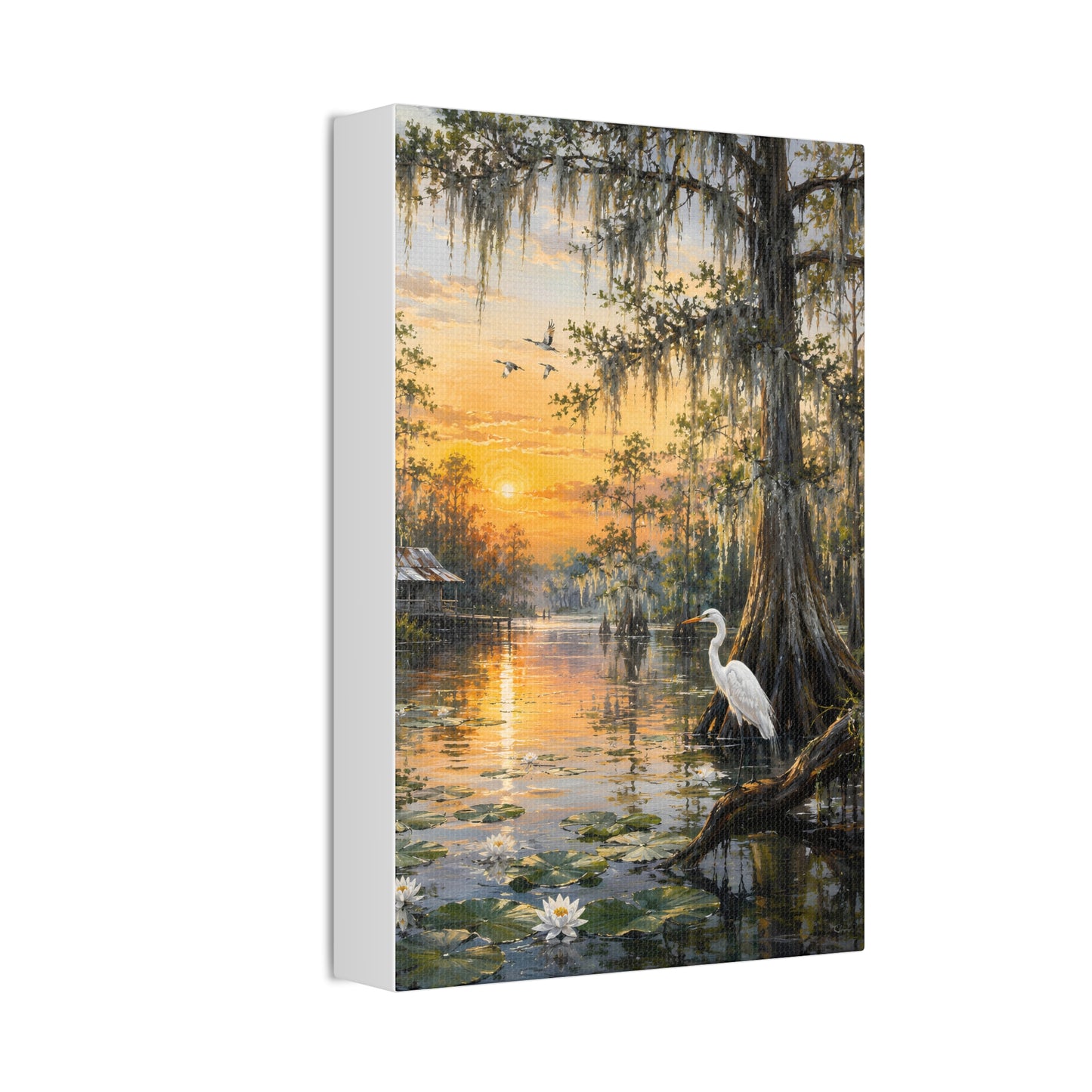 Louisiana Sunset Bayou Canvas Wall Art — Egret & Cypress Stretched Print