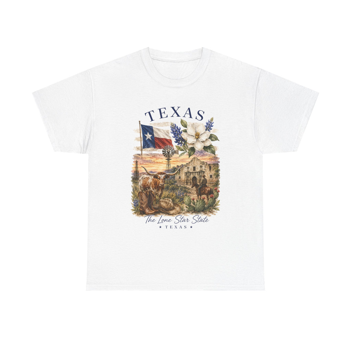 Texas Vintage Scenic T-Shirt — Lone Star Flag & Wildflower Graphic