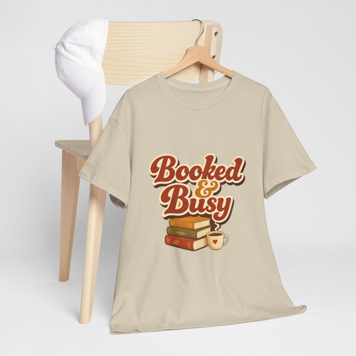 Booked & Busy T-Shirt — Cozy Book Lover Tee with Coffee Stack