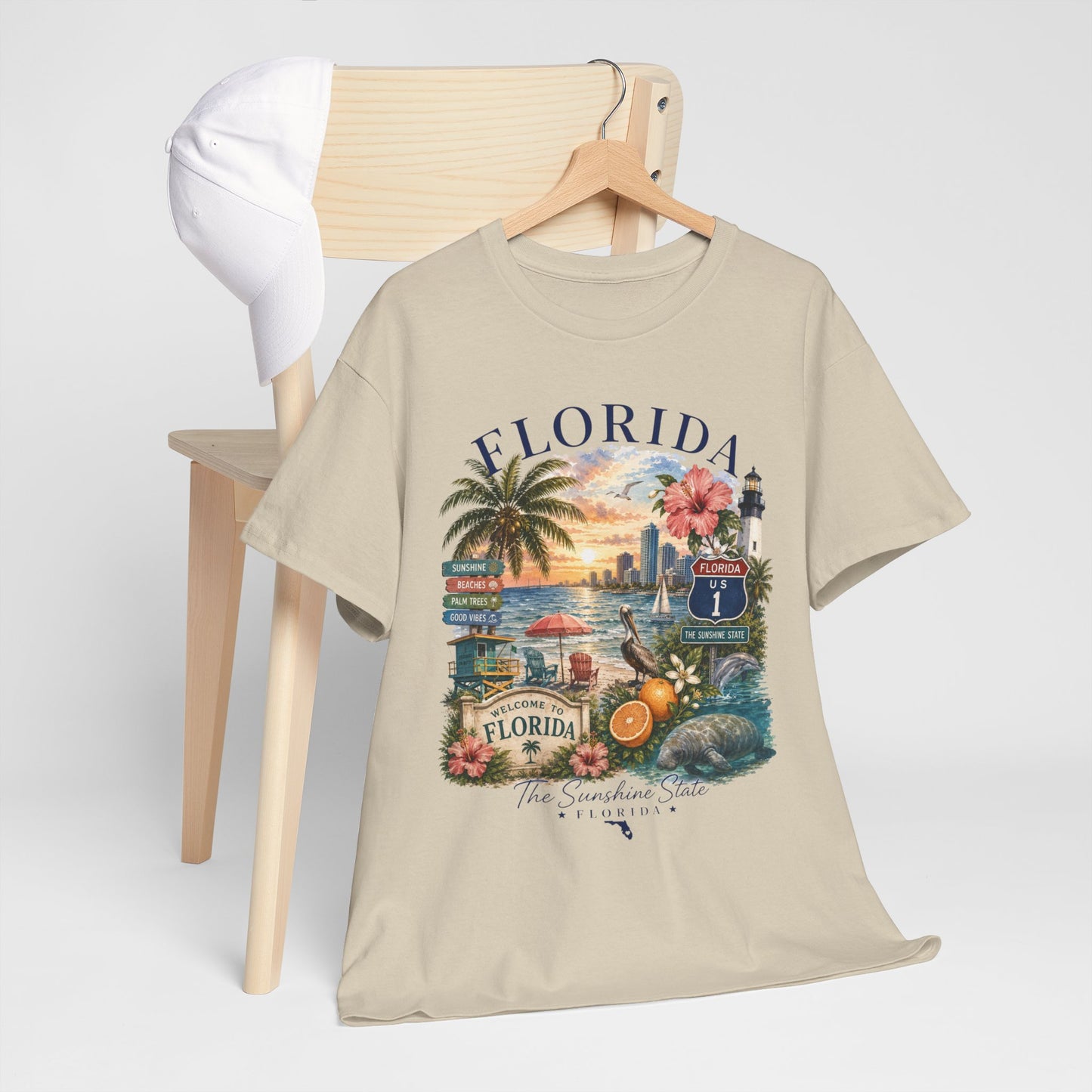 Florida Vintage Travel T-Shirt — Retro Beach Sunset, Lighthouse & Oranges Tee