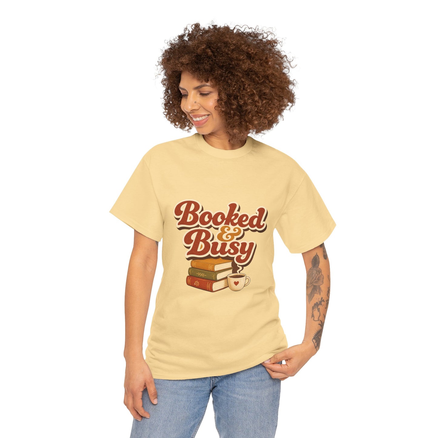 Booked & Busy T-Shirt — Cozy Book Lover Tee with Coffee Stack