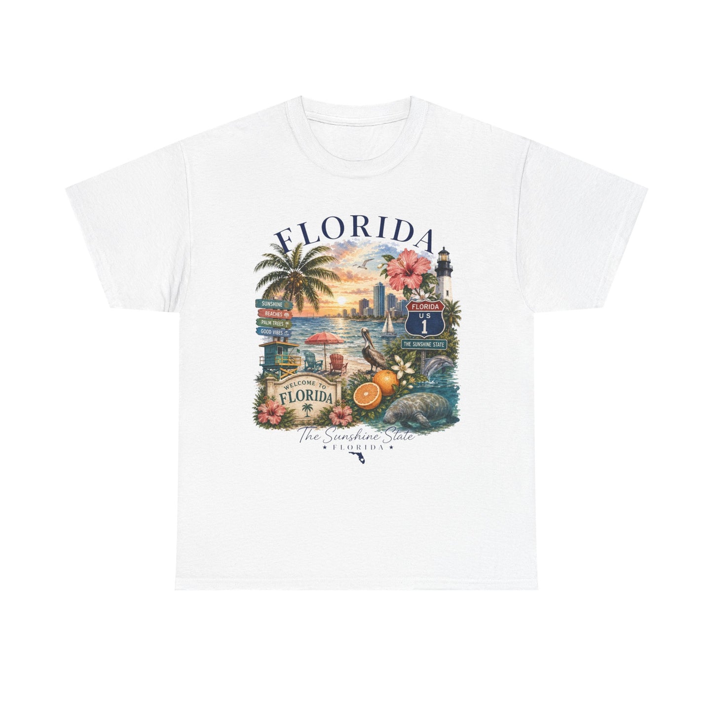 Florida Vintage Travel T-Shirt — Retro Beach Sunset, Lighthouse & Oranges Tee