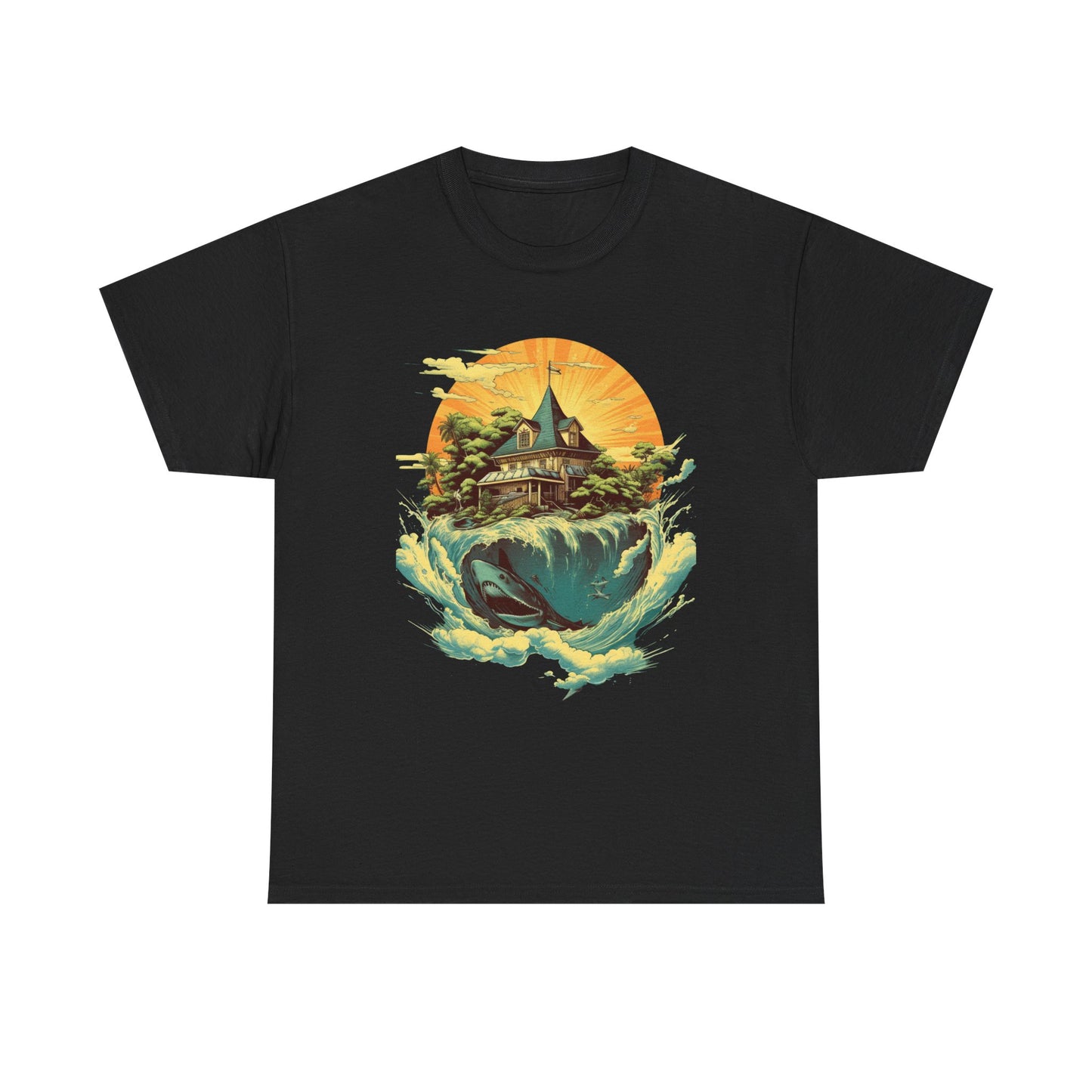 Scenic Whale & Cottage T-Shirt — Vintage Sunset Ocean Graphic Tee