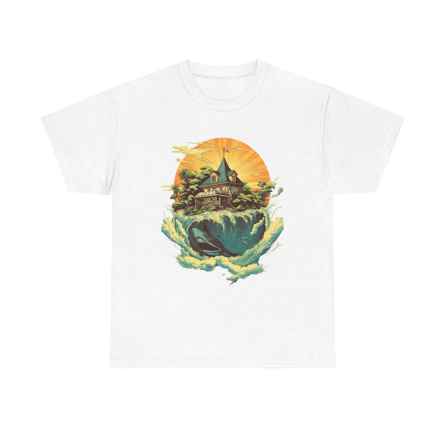Scenic Whale & Cottage T-Shirt — Vintage Sunset Ocean Graphic Tee