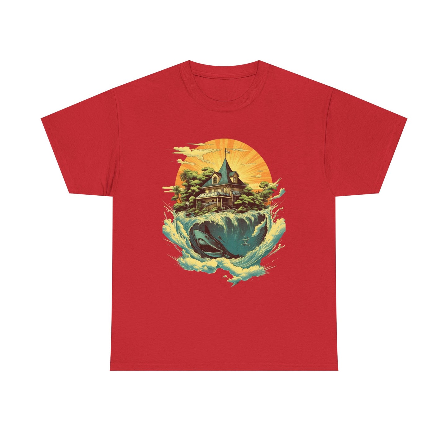Scenic Whale & Cottage T-Shirt — Vintage Sunset Ocean Graphic Tee