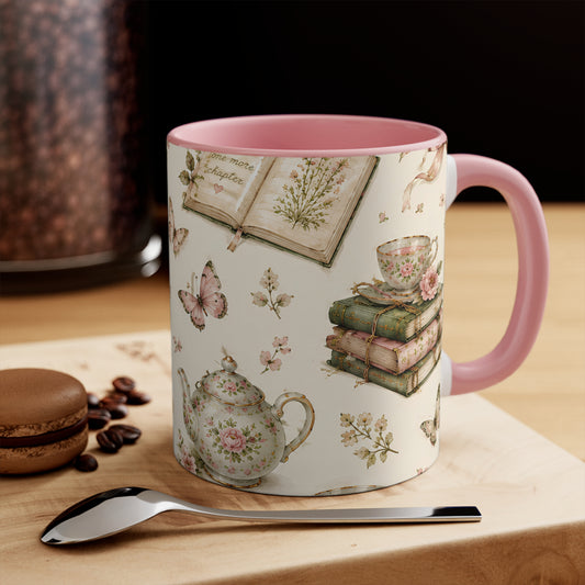 Tea & Pages Ceramic Accent Mug — Pastel Cottagecore Coffee Cup