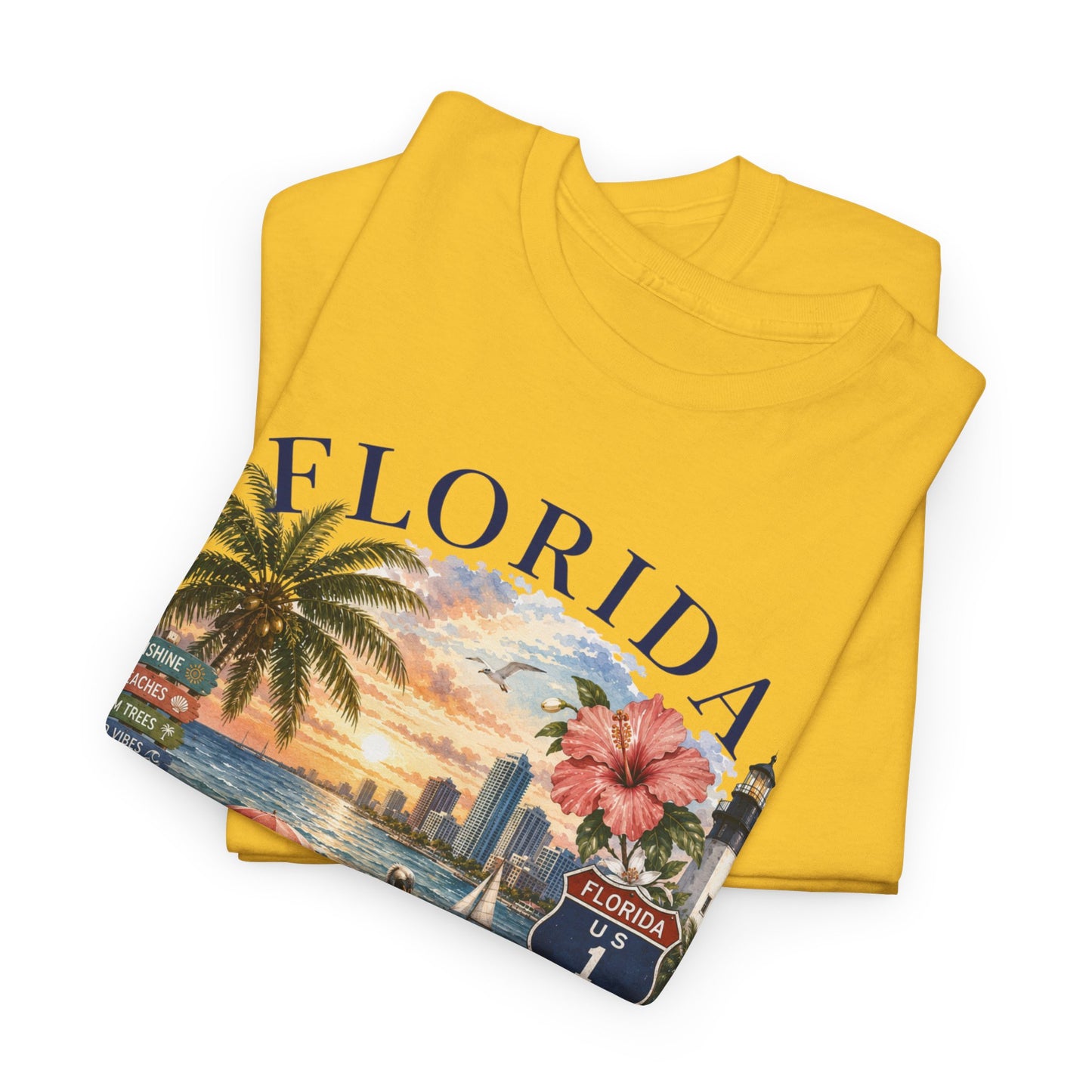 Florida Vintage Travel T-Shirt — Retro Beach Sunset, Lighthouse & Oranges Tee