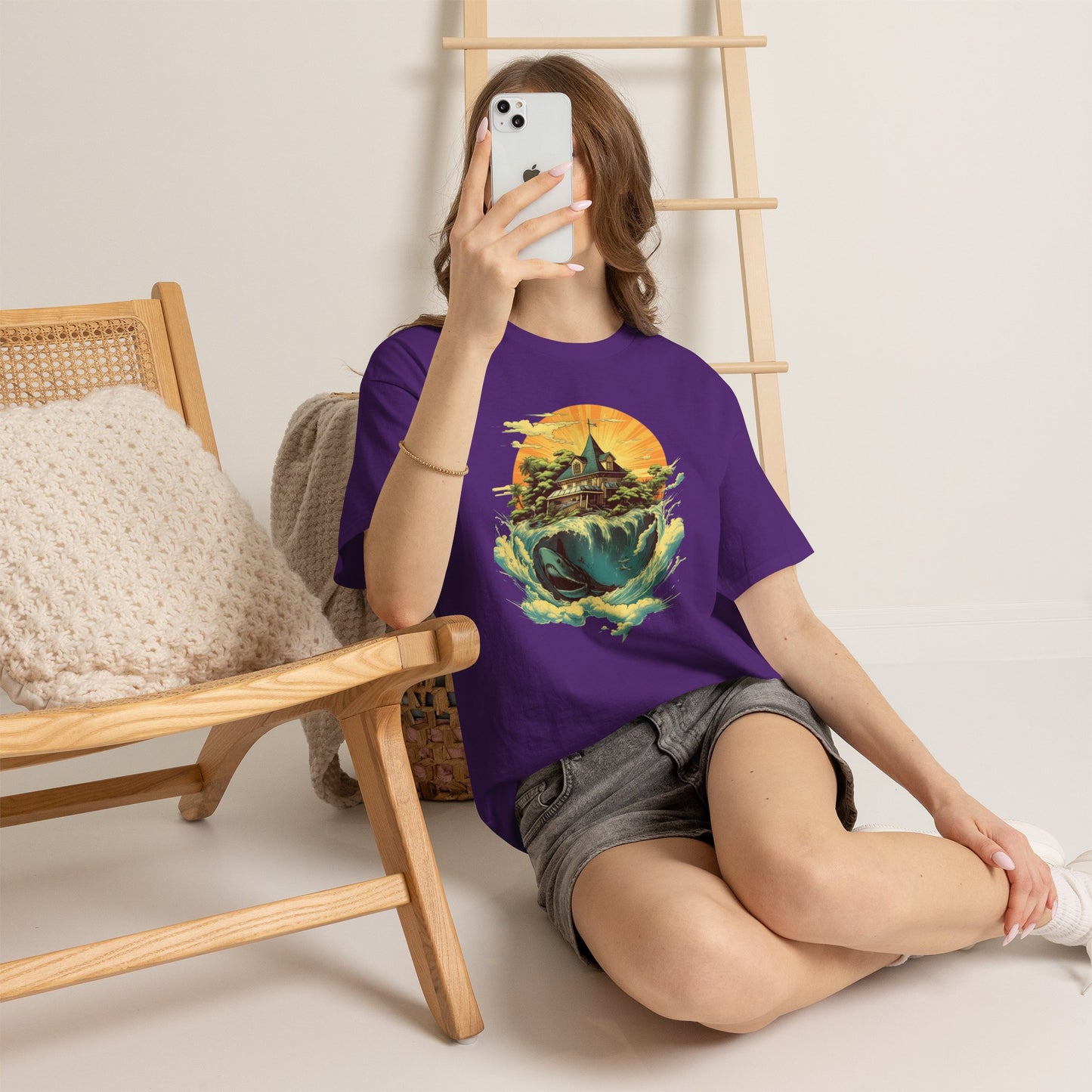 Scenic Whale & Cottage T-Shirt — Vintage Sunset Ocean Graphic Tee