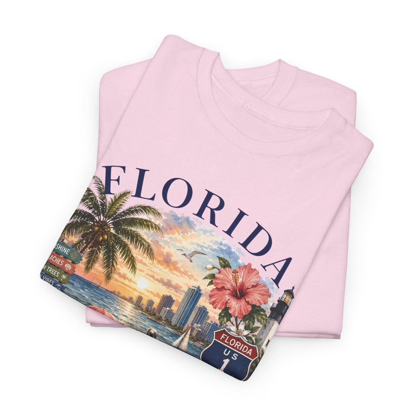 Florida Vintage Travel T-Shirt — Retro Beach Sunset, Lighthouse & Oranges Tee