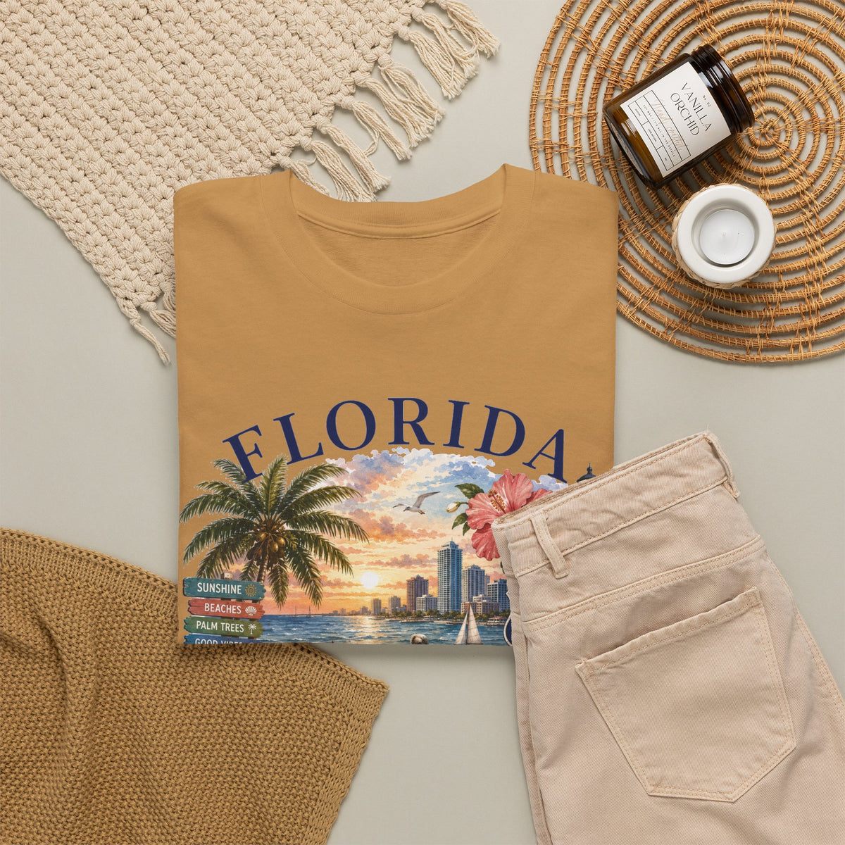 Florida Vintage Travel T-Shirt — Retro Beach Sunset, Lighthouse & Oranges Tee
