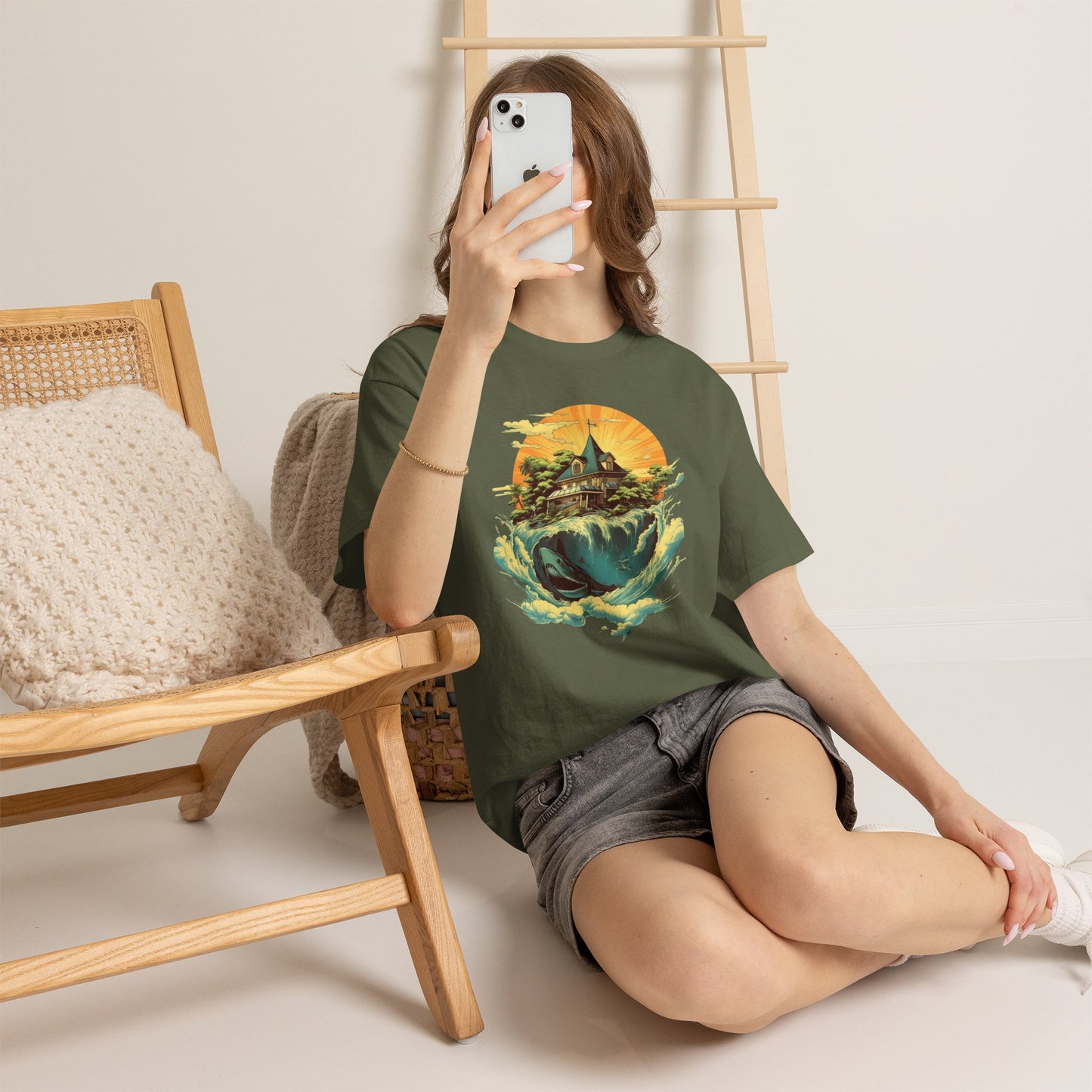 Scenic Whale & Cottage T-Shirt — Vintage Sunset Ocean Graphic Tee