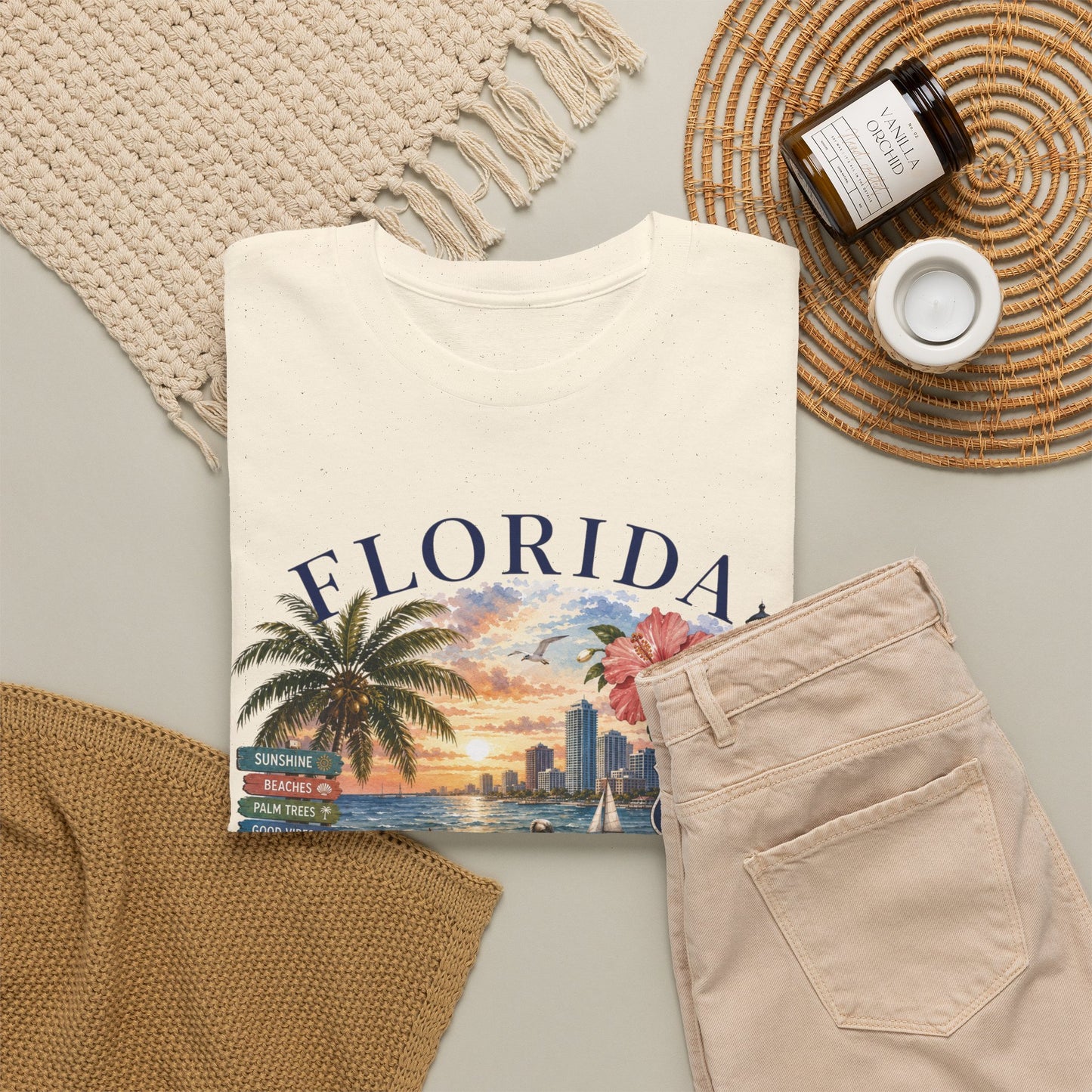 Florida Vintage Travel T-Shirt — Retro Beach Sunset, Lighthouse & Oranges Tee