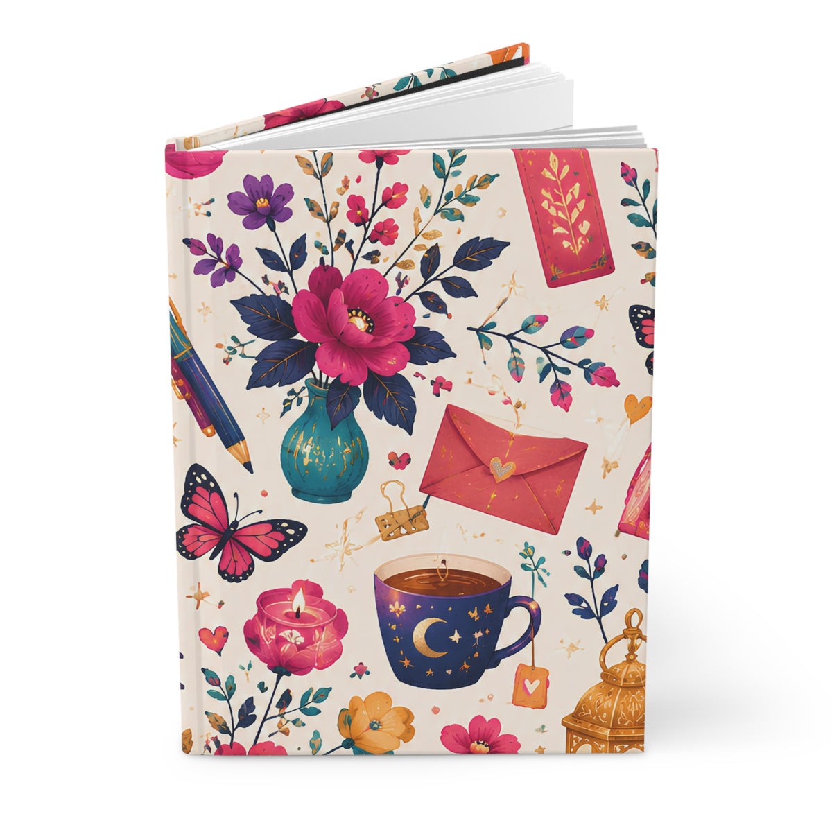 Whimsy & Wonder Floral Tea & Books Hardcover Journal — Vintage Botanical Notebook