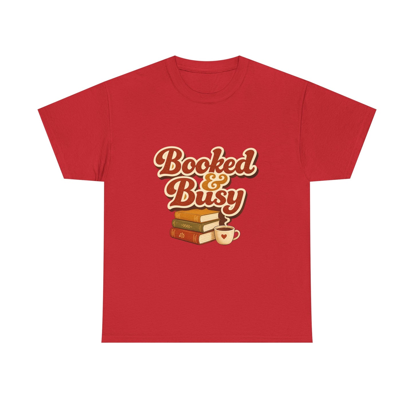 Booked & Busy T-Shirt — Cozy Book Lover Tee with Coffee Stack