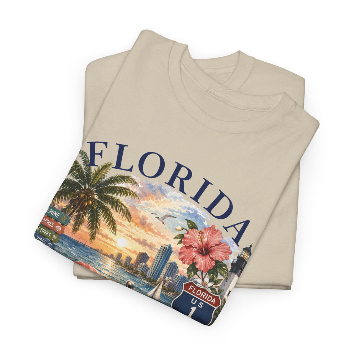 Florida Vintage Travel T-Shirt — Retro Beach Sunset, Lighthouse & Oranges Tee