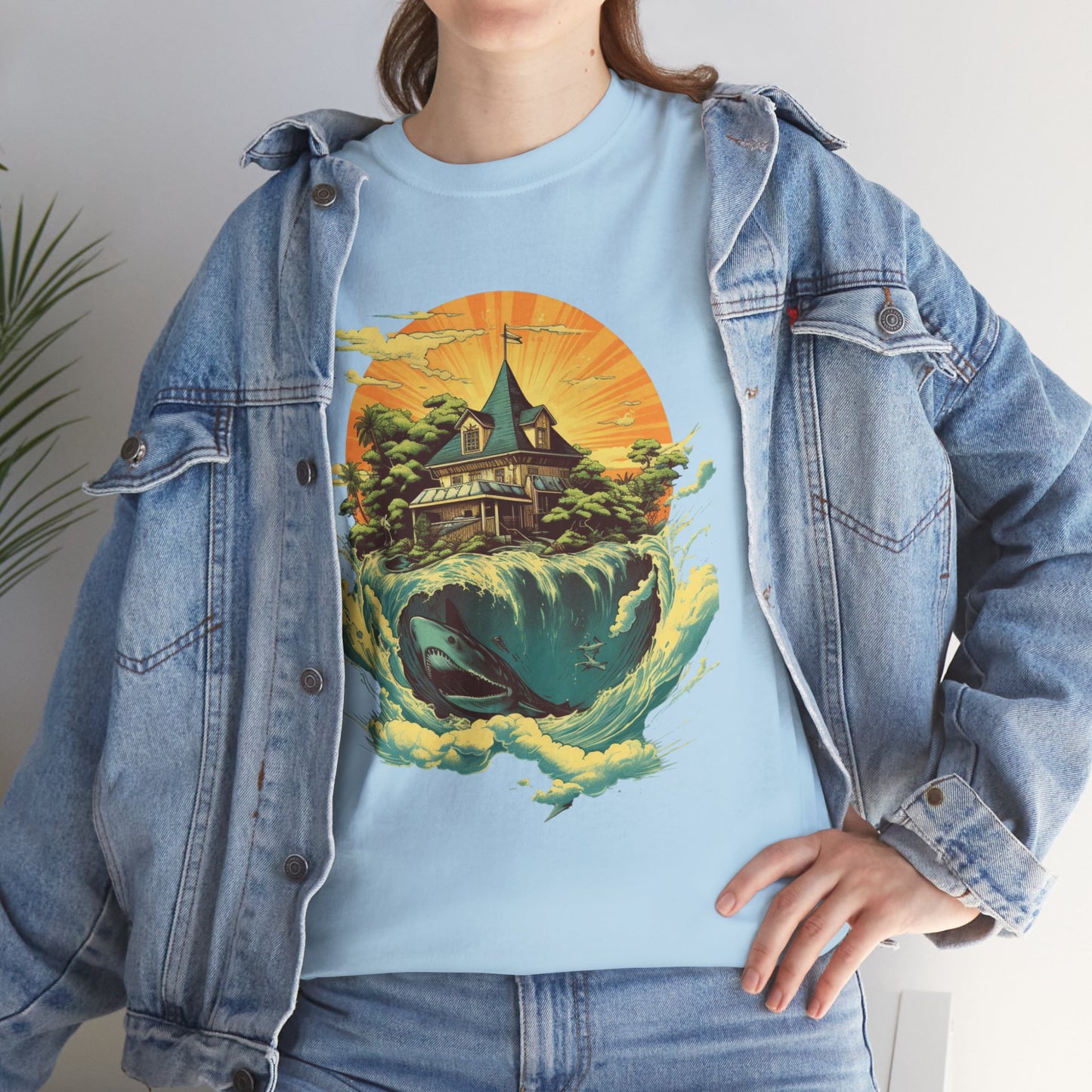Scenic Whale & Cottage T-Shirt — Vintage Sunset Ocean Graphic Tee