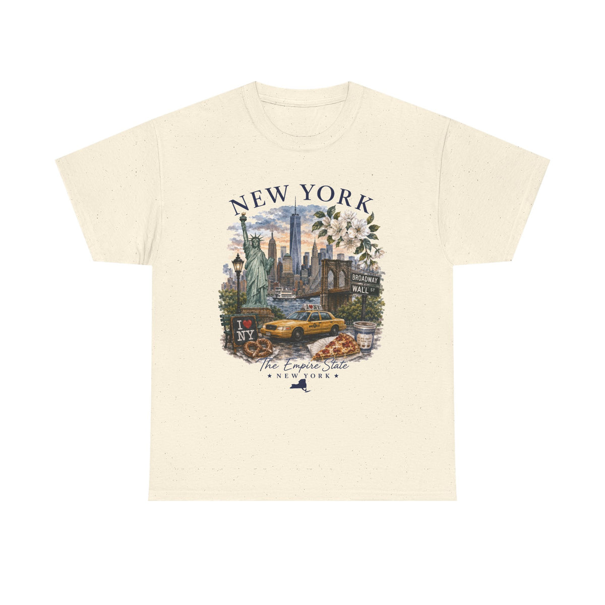 New York City Vintage Travel Tee — NYC Skyline, Yellow Cab & Landmark Collage