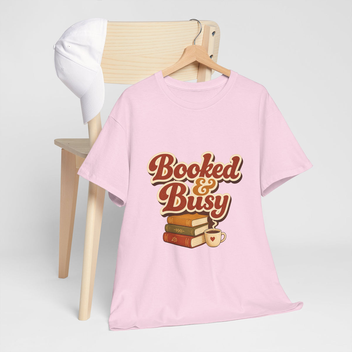 Booked & Busy T-Shirt — Cozy Book Lover Tee with Coffee Stack