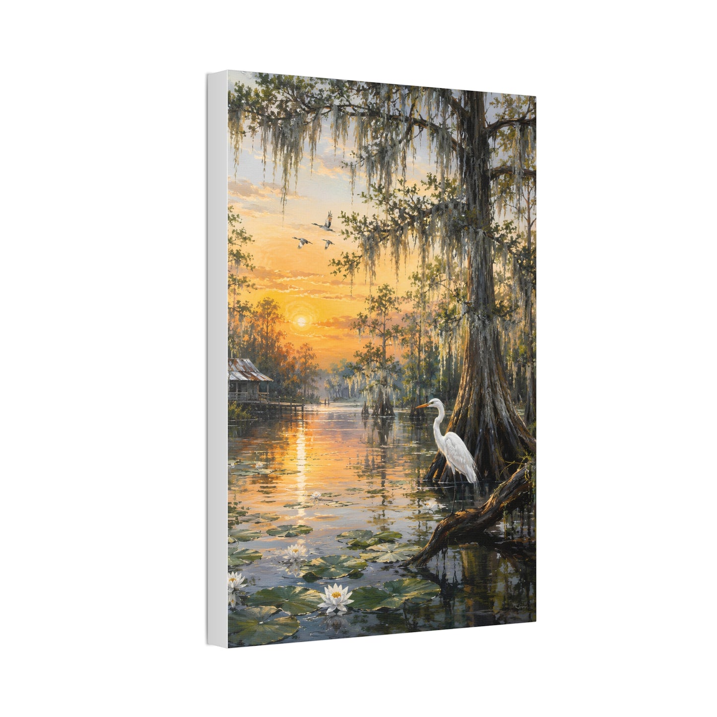 Louisiana Sunset Bayou Canvas Wall Art — Egret & Cypress Stretched Print