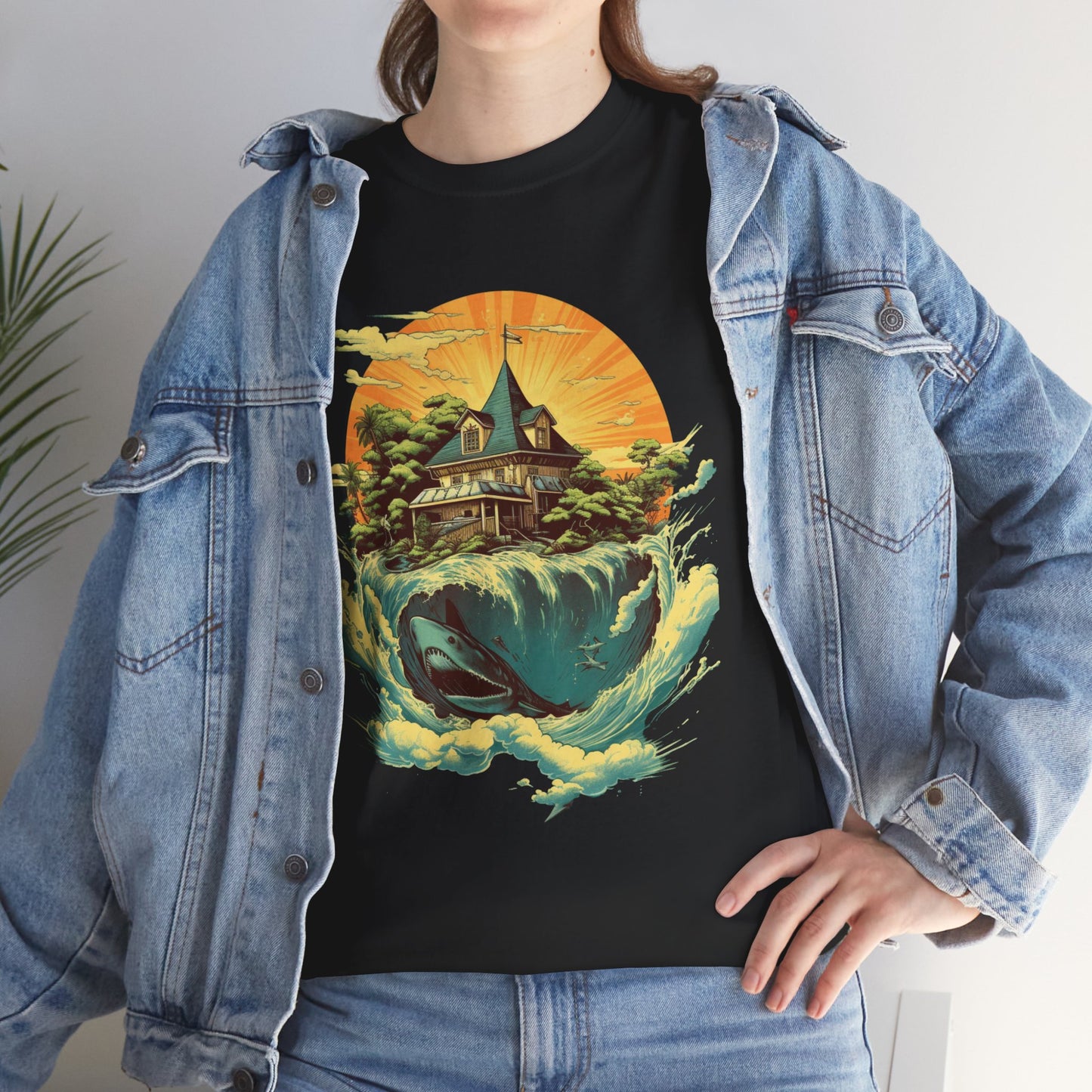 Scenic Whale & Cottage T-Shirt — Vintage Sunset Ocean Graphic Tee