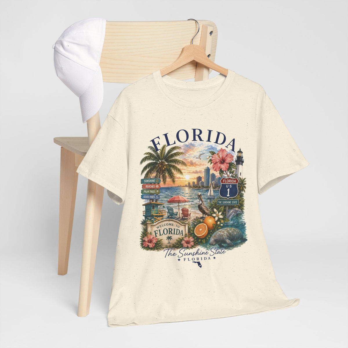 Florida Vintage Travel T-Shirt — Retro Beach Sunset, Lighthouse & Oranges Tee