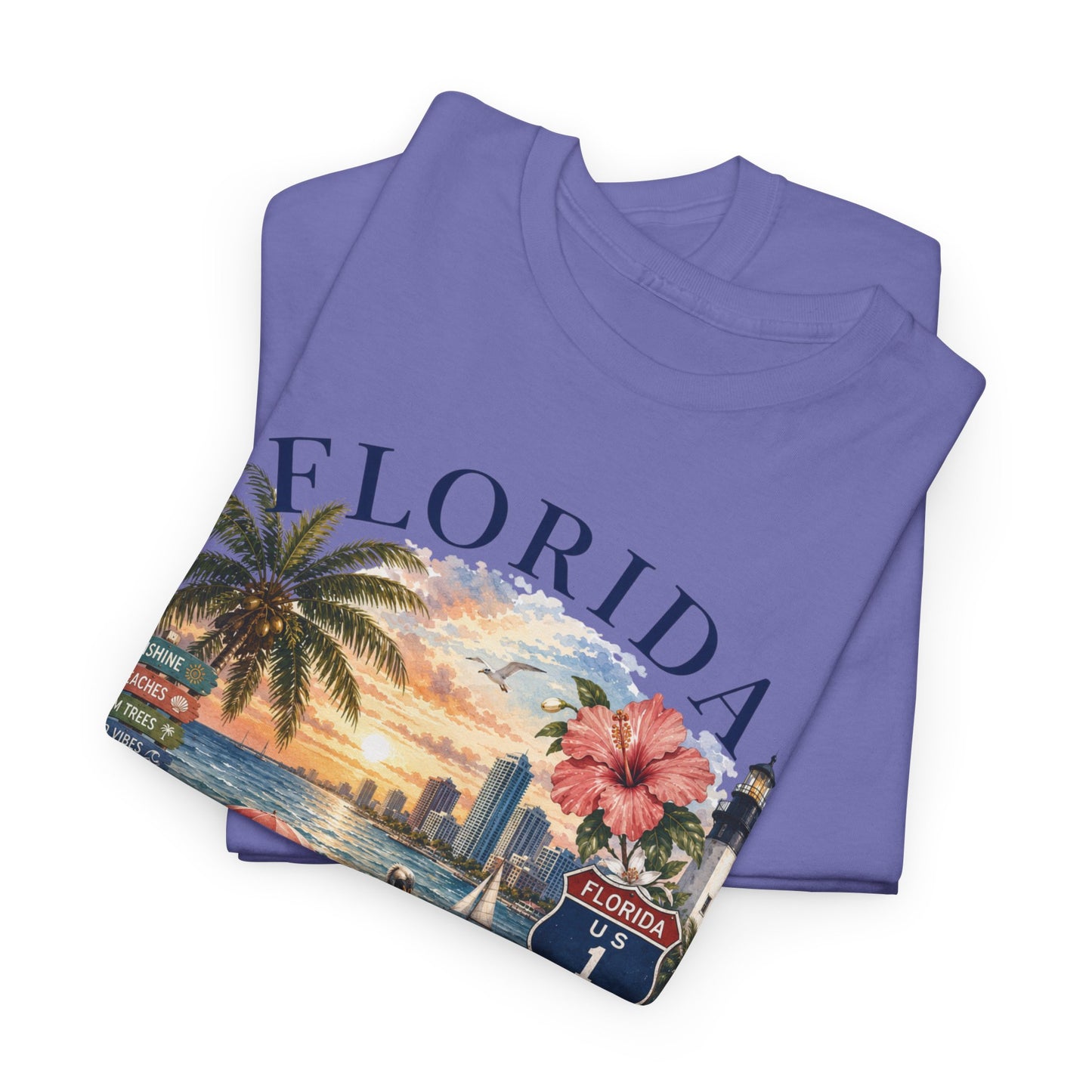 Florida Vintage Travel T-Shirt — Retro Beach Sunset, Lighthouse & Oranges Tee