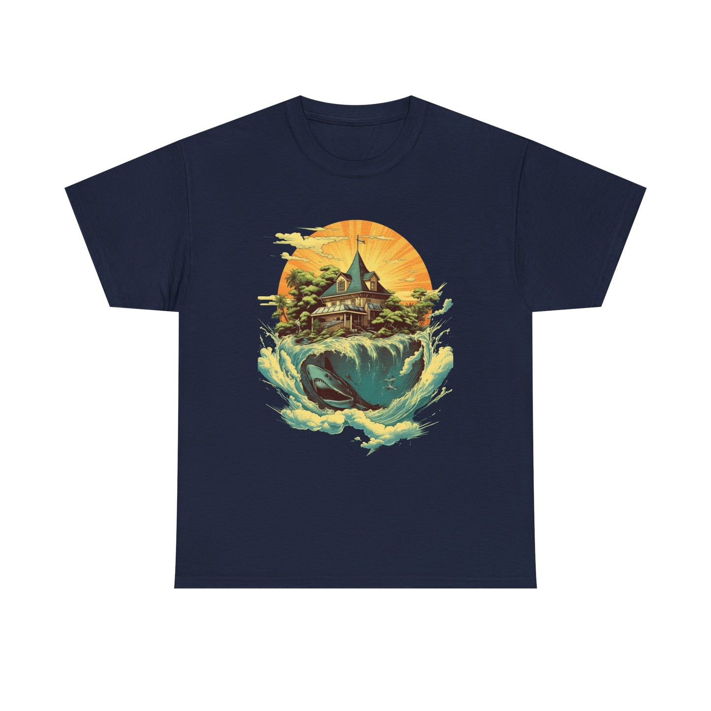 Scenic Whale & Cottage T-Shirt — Vintage Sunset Ocean Graphic Tee