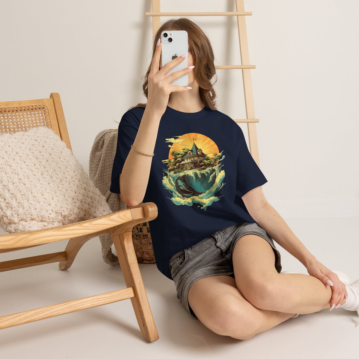Scenic Whale & Cottage T-Shirt — Vintage Sunset Ocean Graphic Tee
