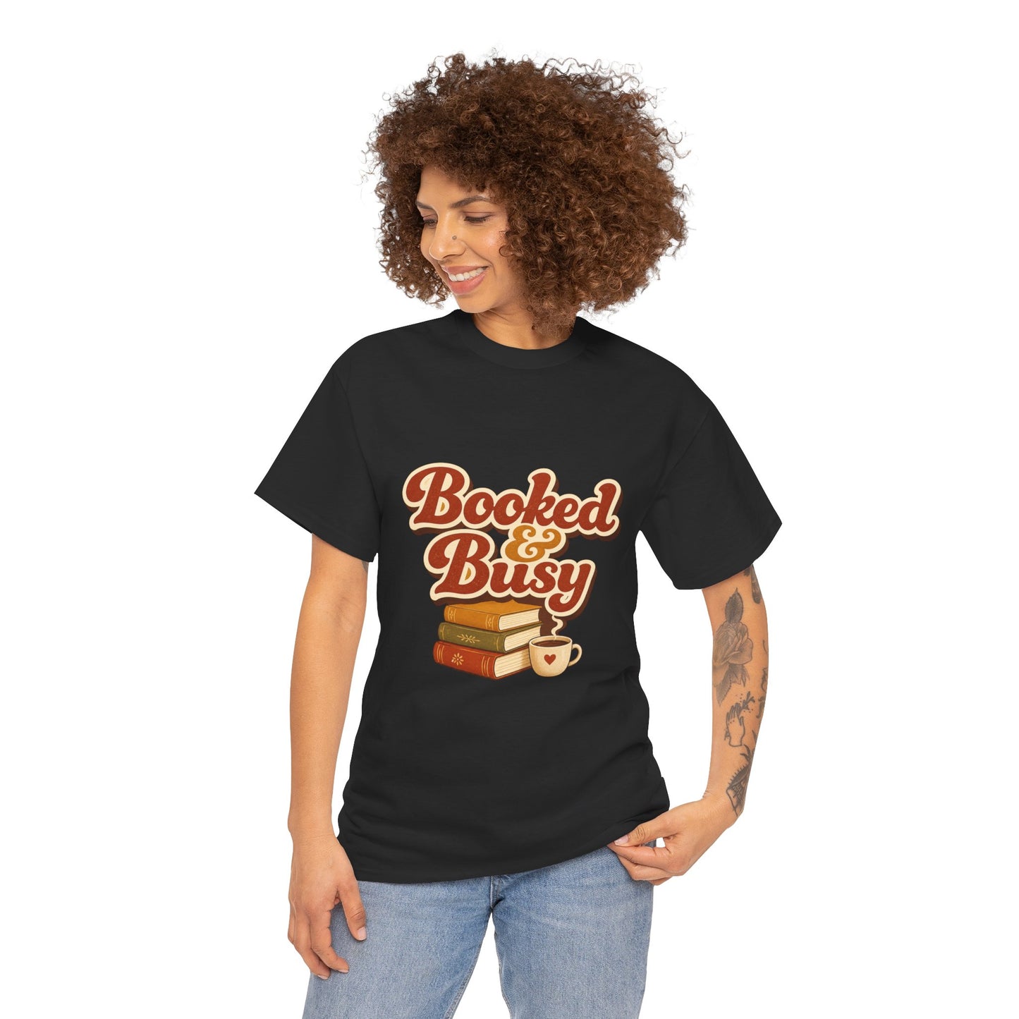 Booked & Busy T-Shirt — Cozy Book Lover Tee with Coffee Stack