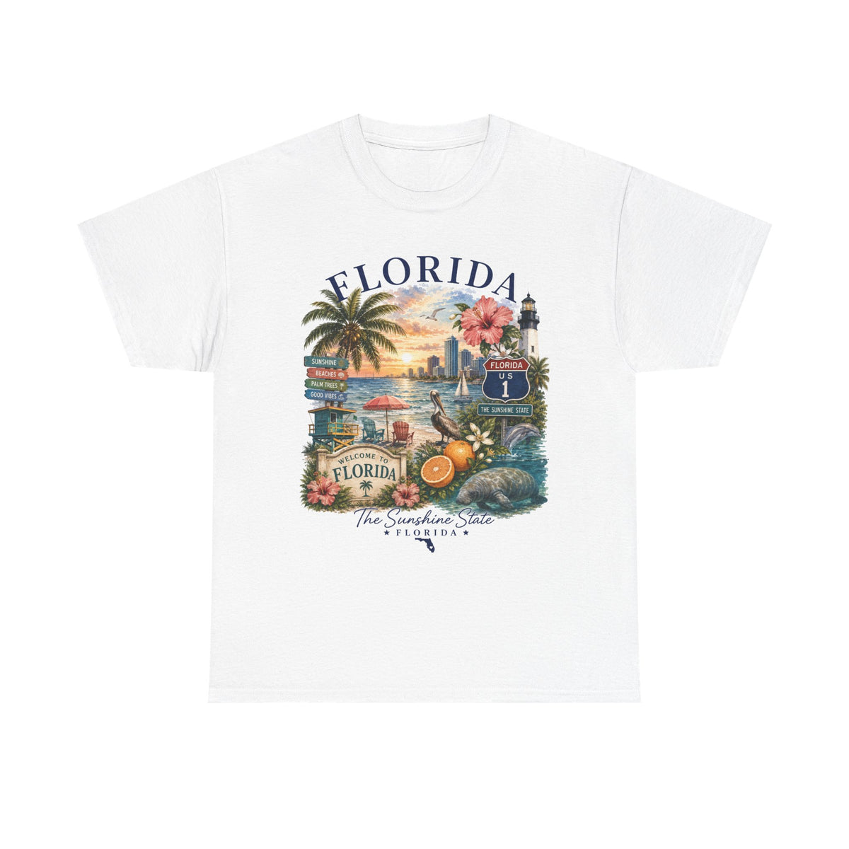 Florida Vintage Travel T-Shirt — Retro Beach Sunset, Lighthouse & Oranges Tee