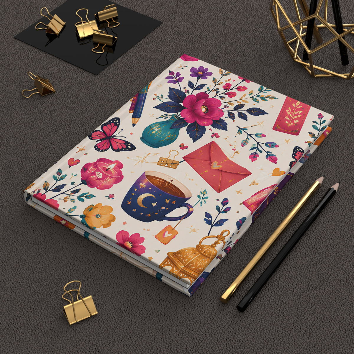 Whimsy & Wonder Floral Tea & Books Hardcover Journal — Vintage Botanical Notebook