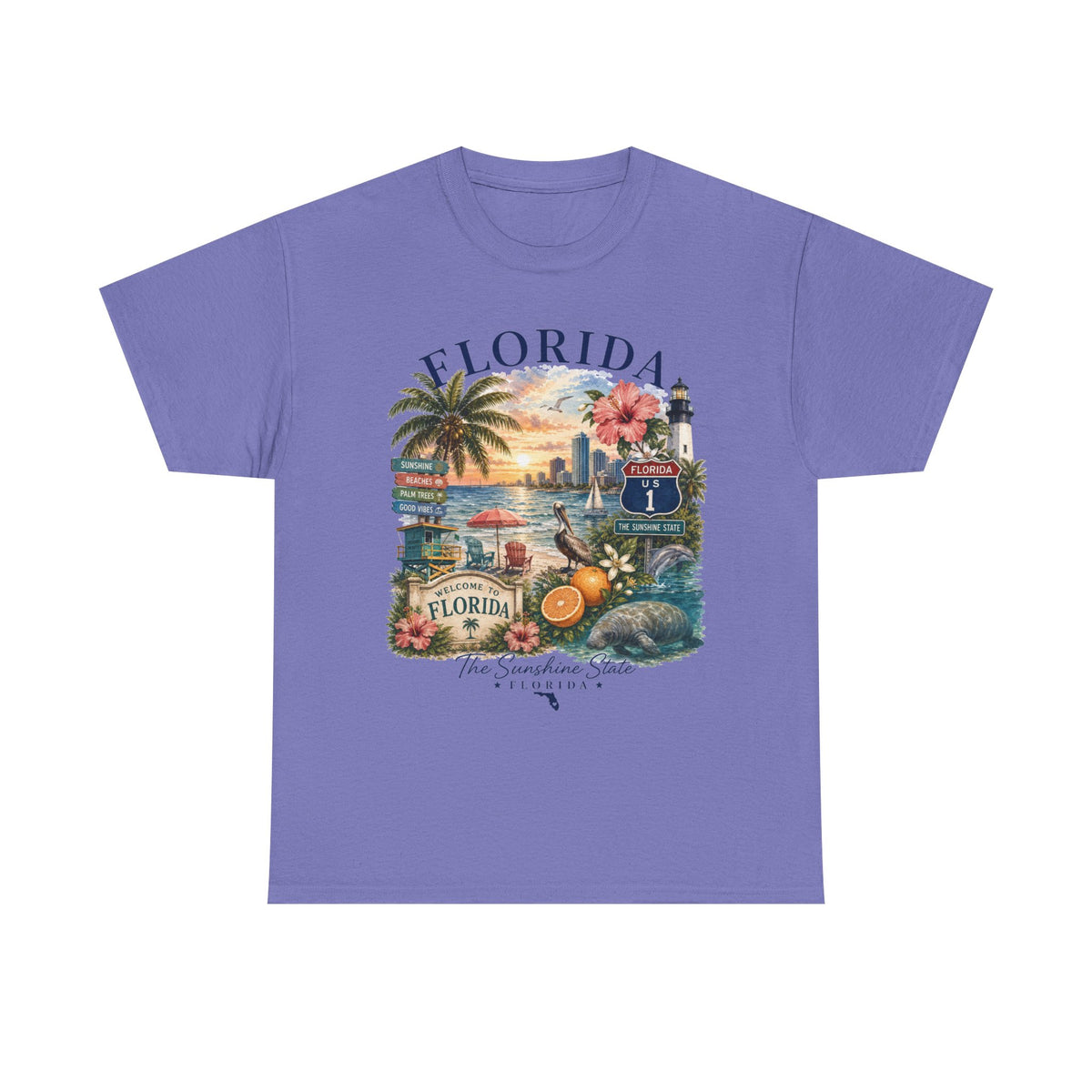 Florida Vintage Travel T-Shirt — Retro Beach Sunset, Lighthouse & Oranges Tee