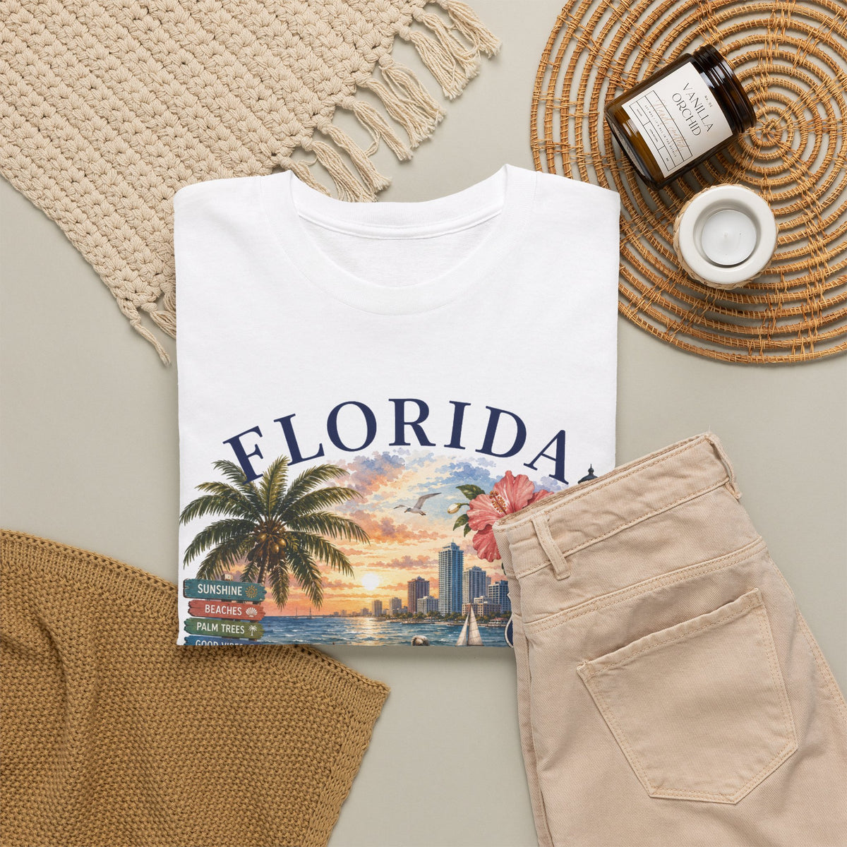 Florida Vintage Travel T-Shirt — Retro Beach Sunset, Lighthouse & Oranges Tee