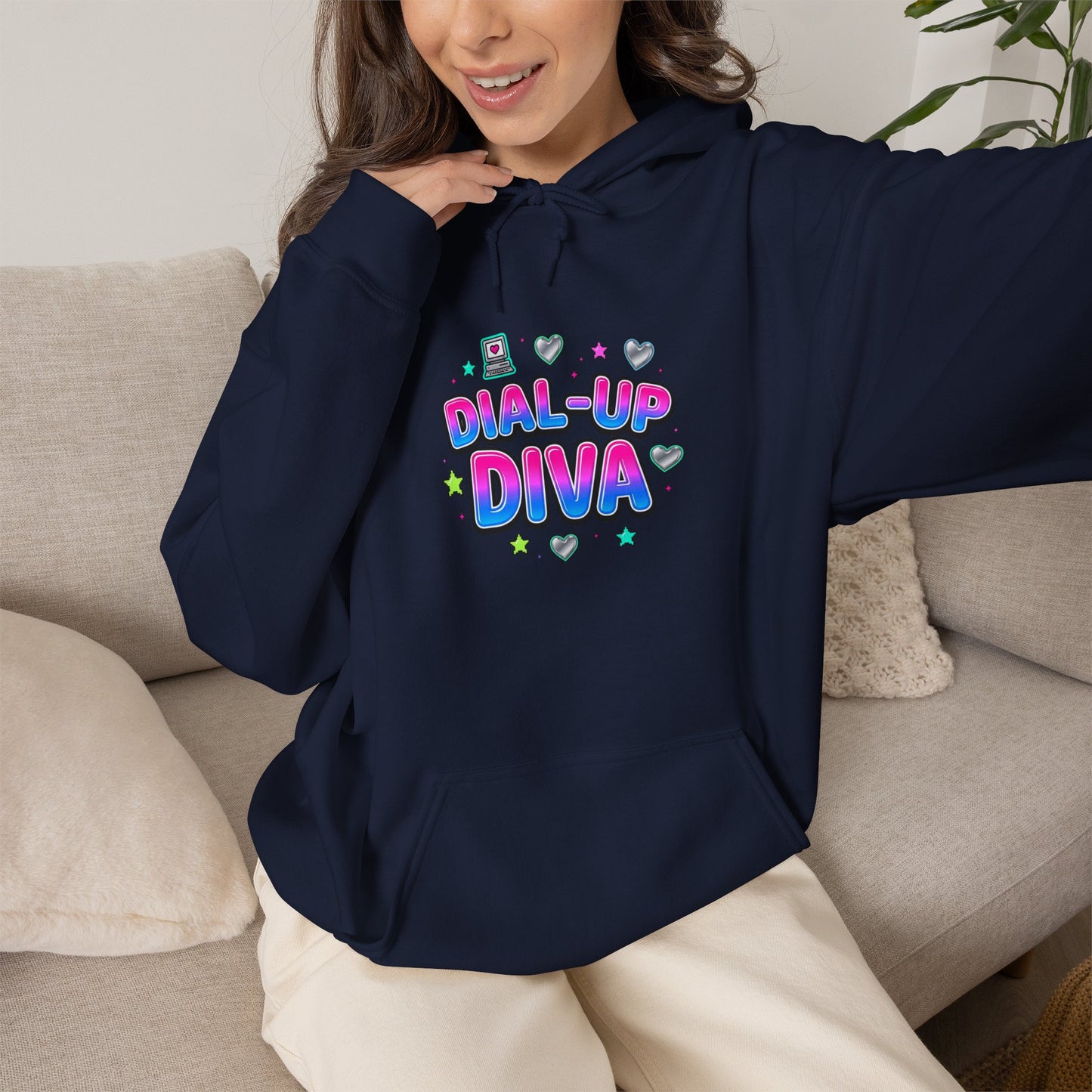 Dial-Up Diva Hoodie Y2K slogan, hot pink bubble text, cyber nostalgia