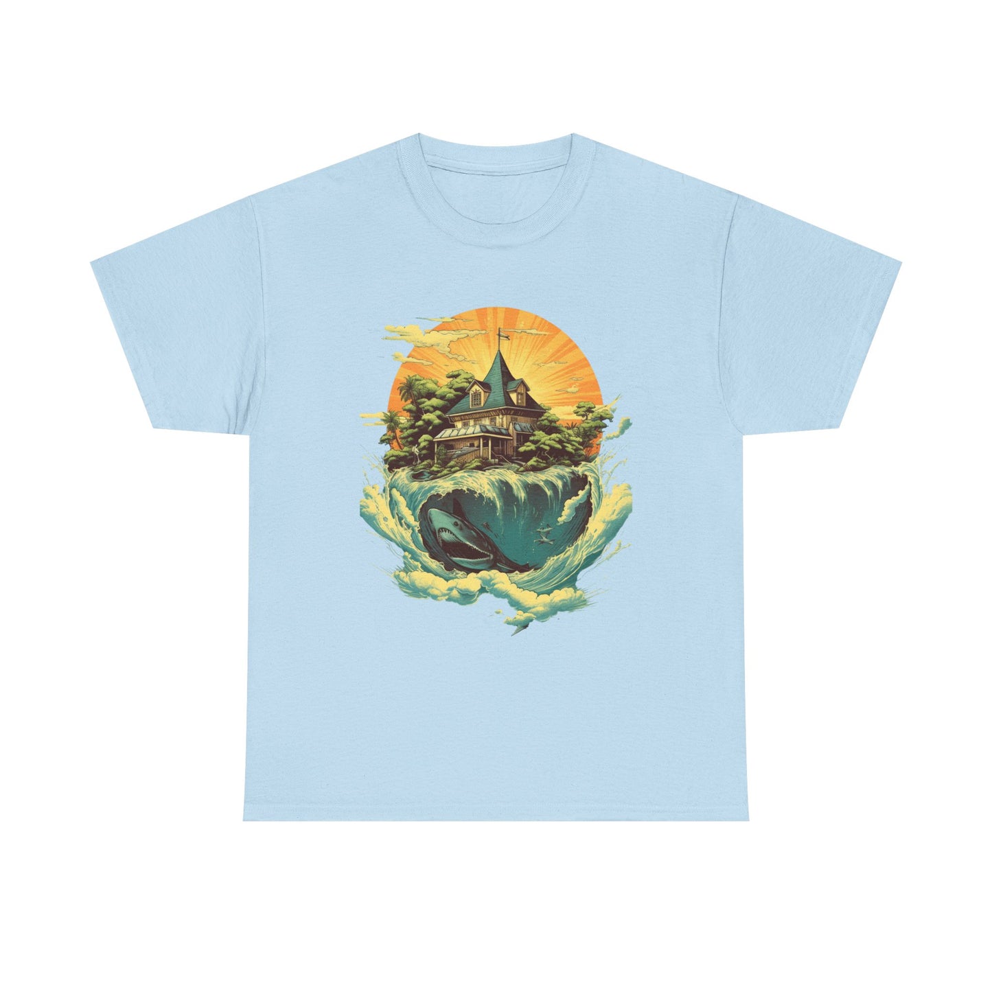 Scenic Whale & Cottage T-Shirt — Vintage Sunset Ocean Graphic Tee