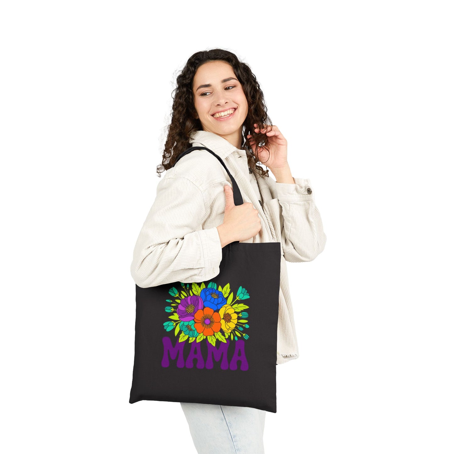 Mama Floral Tote Bag Cotton Canvas Shopper with Flower Design